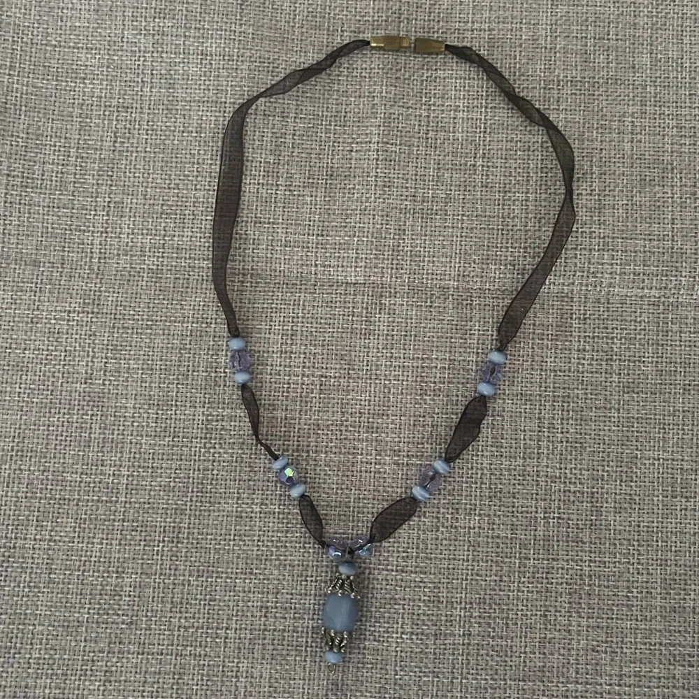 Blue Glass Bead & Ribbon Pendant Necklace